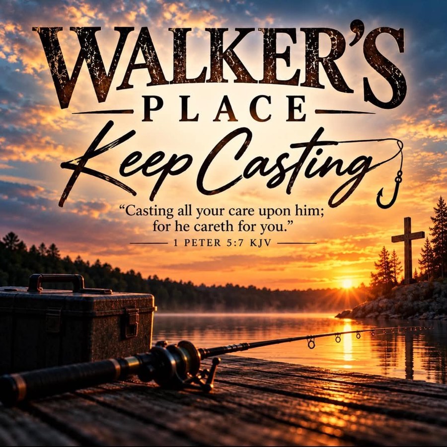 Original Walker’s Place Keep Casting artwork: fishing rod on a lake at sunset, a cross, and 1 Peter 5:7